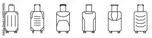 Suitcase vector icons set. Set of linear icons of bags for things. Suitcase icons concept set. Suitcases on wheels in different styles for travel. A case for things. Bag for flights.