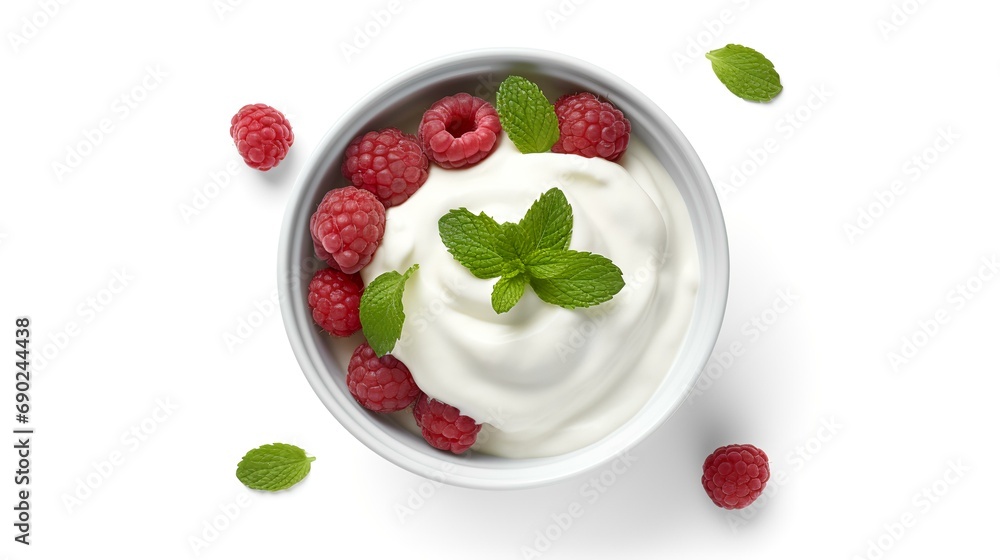 bowl of yogurt with raspberries and mint isolated on a white background, top view bowl of yogurt with raspberries and mint isolated on a white background, top view