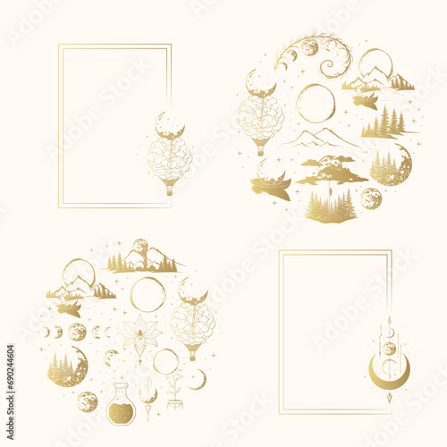 Two  rectangular frames and two celestial moon compositions. Golden mystical vector illustrations for witchcraft, greeting cards and invitations