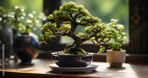 a small bonsai of old tree in a black mug on a wooden table in front of a blurry background of a blurry image of a wall and a window