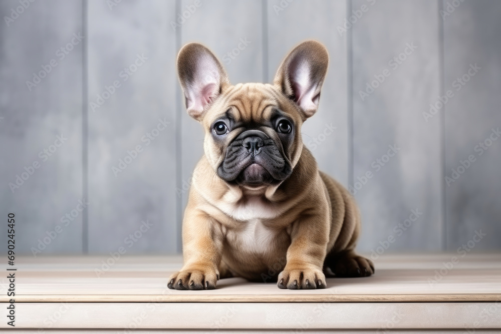 Adorable fawn French Bulldog puppy with large ears sitting on wood against a grey panelled backdrop.