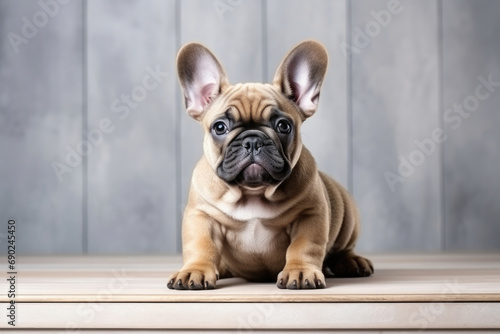 Adorable fawn French Bulldog puppy with large ears sitting on wood against a grey panelled backdrop. © Sascha