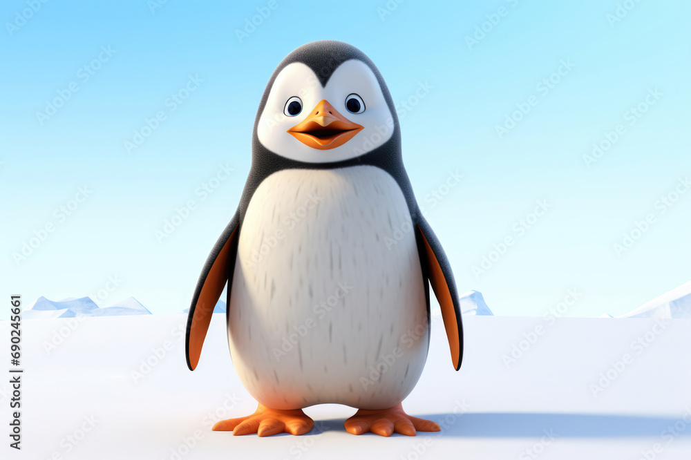 Obraz premium A plump, cartoonish penguin with expressive eyes and a bright orange beak stands on a snowy expanse, mountains faint in the backdrop.
