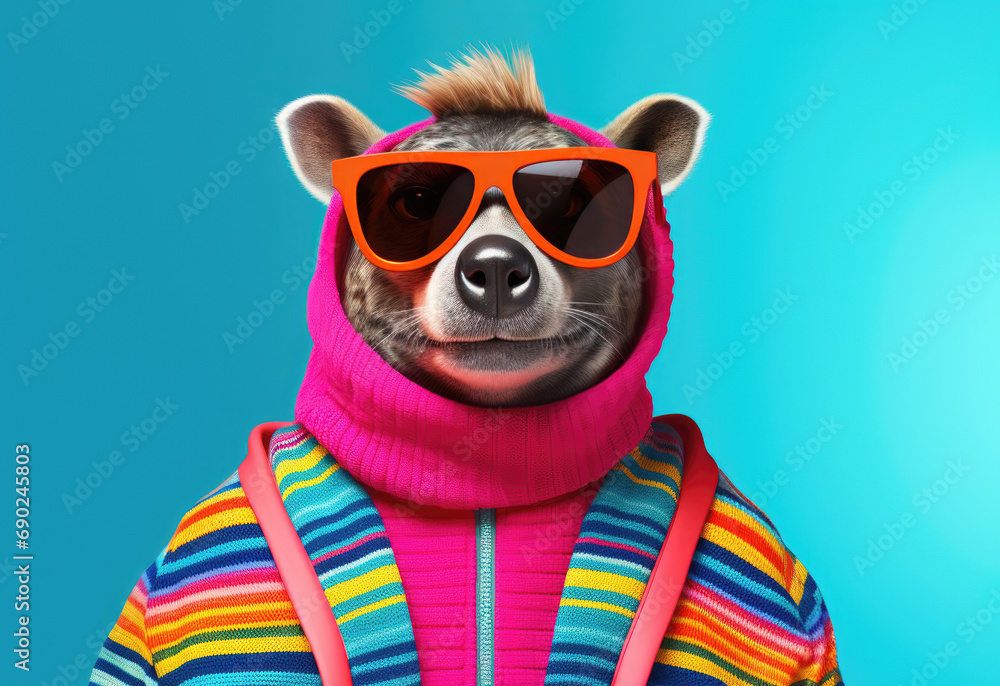 Fototapeta premium Fashion-forward hyena with orange shades and pink hoodie.