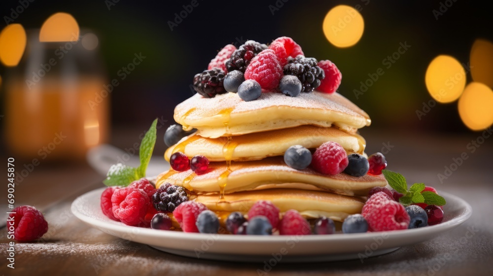 stack of fluffy pancakes with assorted fresh berries on blurry background, 16:9 stack of fluffy pancakes with assorted fresh berries on blurry background, 16:9