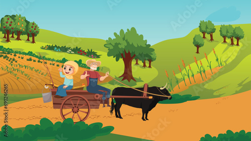Farmer and little girl riding a bullock cart vector illustration
