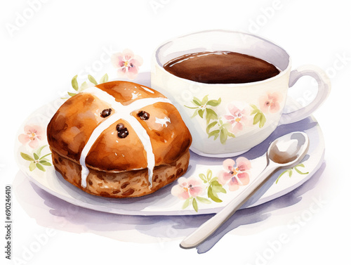 Easter Hot Bross Bun with Cup of Tea or Coffee. Hand-drawn Watercolor Illustration Isolated on the White Background. Easter holiday dish.	 photo