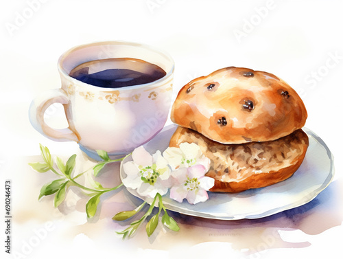 Easter Hot Bross Bun with Cup of Tea or Coffee. Hand-drawn Watercolor Illustration Isolated on the White Background. Easter holiday dish.	 photo