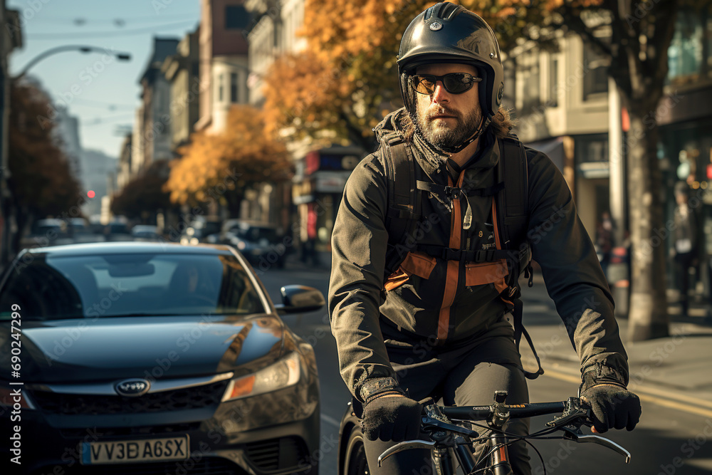 A bike courier in the middle of traffic delivering parcels A bike courier in the middle of traffic delivering parcels