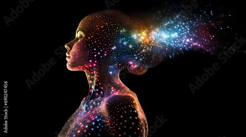 A hologram, multicolored stars, dots - the silhouette of a teenage girl on a black background. Silhouette of a person in the matrix