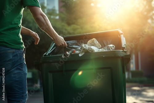 Man throwing garbage in trash bin outdoors, closeup. Recycling concept photo