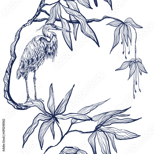 Heron on a tree - monochrome seamless pattern with graceful tropical plants and gracile heron. Inspired by ancient Asian graphic painting photo