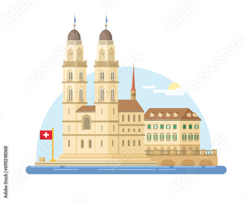 Grossmünster Protestant Church Landmark Building in Zürich, Switzerland Flat Design Vector