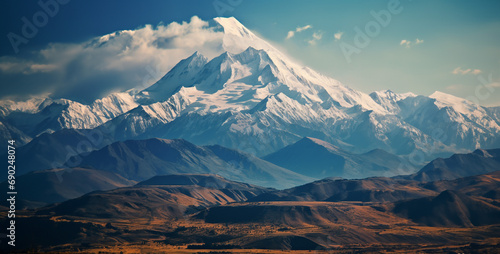 landscape with snow and mountains, a photo of a snow capped mountain in the distance © Asif Ali 217