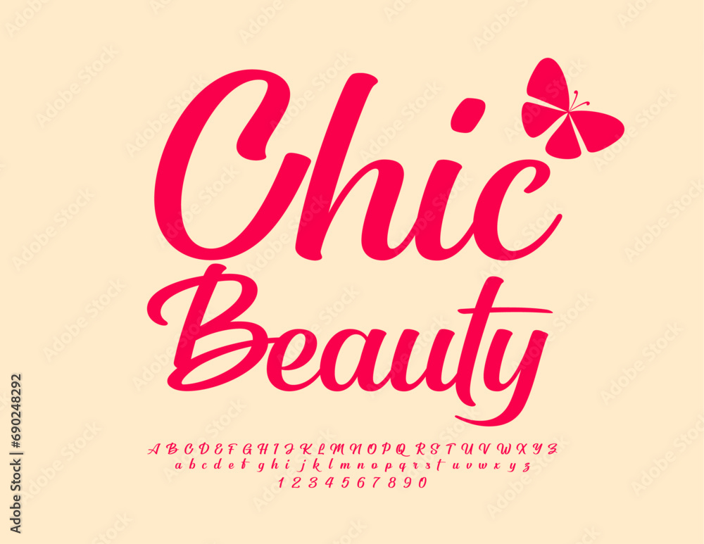 Vector modern logo Chic Beauty. Elegant Cursive Font. Artistic Alphabet Letters and Numbers 