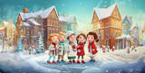 happy kids near medical clinic with winter and christmas, happy family in winter