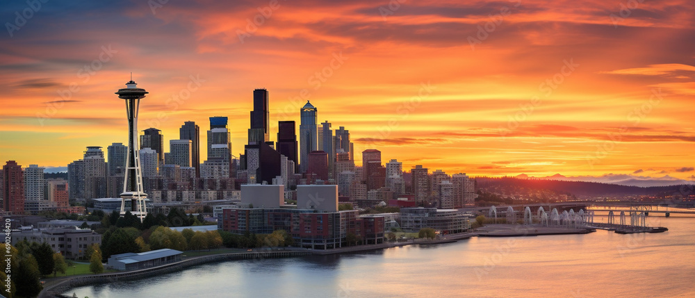 A vibrant cityscape at sunset, radiating a dynamic and urban-inspired atmosphere. Filename: 00028_03_rl.
