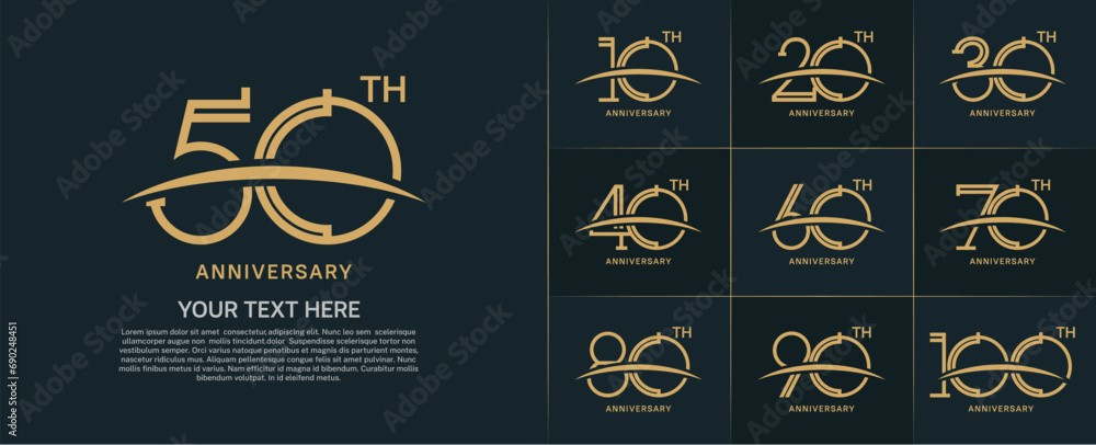 set of anniversary logotype flat gold color with swoosh for special celebration event - obrazy, fototapety, plakaty 