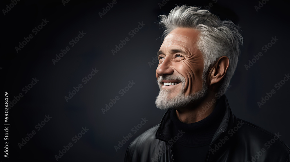 Elderly fashion model with grey full hair, mature and happy smiling man in dark close-up portrait | Generative AI