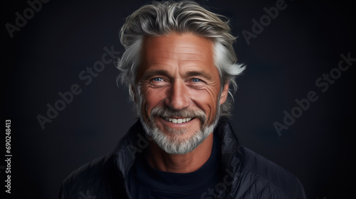 Elderly fashion model with grey full hair, mature and happy smiling man in dark close-up portrait | Generative AI