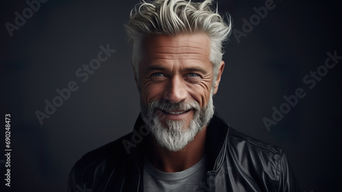 Elderly fashion model with grey full hair, mature and happy smiling man in dark close-up portrait   Generative AI © DigitalDreamscape
