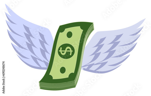 Pack of dollars with wings. Rise of financial success investments and bank deposits with successful economic vector project