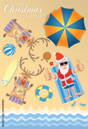 Santa Claus and Reindeer sunbathing on the beach