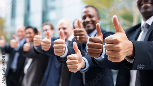 business, people, gesture and teamwork concept - group of happy african american businesspeople showing thumbs up over office building background