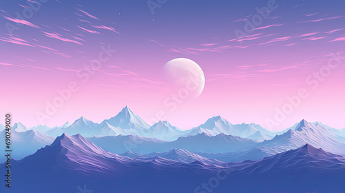 Pink landscape with moon over polygonal mountains. Calm surreal backround