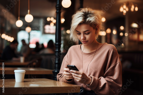 Woman using smartphone in a cafe. The concept portrays modern connectivity.