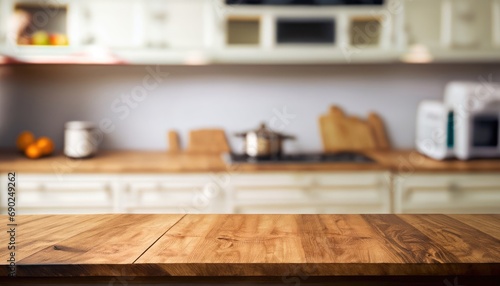 Empty of wood table top on on blurred kitchen counter background