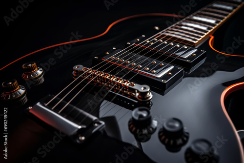 Czaran electric guitar close-up, close-up. Black electric guitar on a black background. Copy space