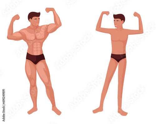 Muscular and weak man. Powerful bodybuilder stands opposite thin character with rickety physique symbol of healthy lifestyle and vector sport
