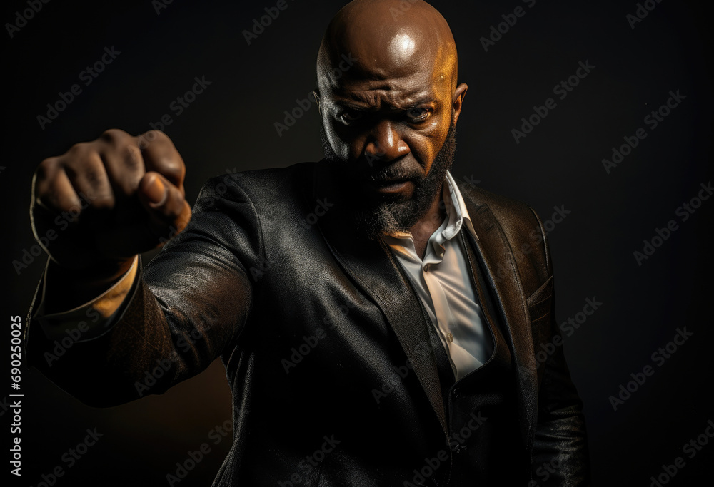 Intense close-up of a bald man in suit, clenched fist pointing at viewer. His deep gaze, illuminated by moody lighting, conveys determination and power. A presence that captivates the observer. Intense close-up of a bald man in suit, clenched fist pointing at viewer. His deep gaze, illuminated by moody lighting, conveys determination and power. A presence that captivates the observer.