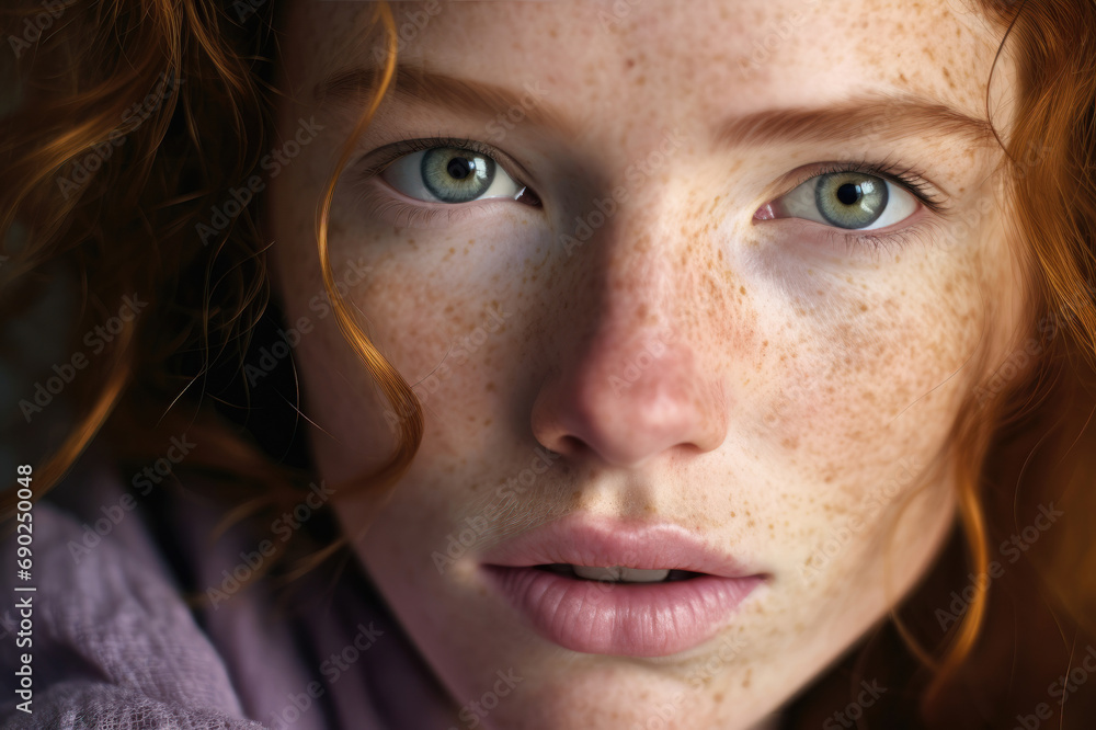 Intense gaze of a freckled redhead woman with soulful eyes. Intense gaze of a freckled redhead woman with soulful eyes.