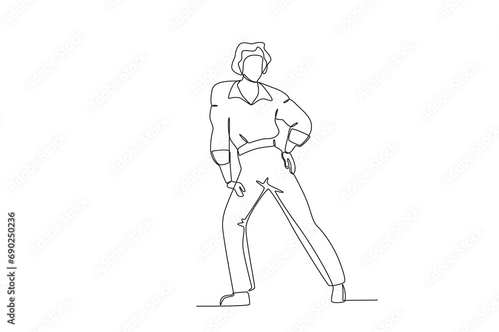 Single continuous line drawing of A man wearing retro clothes from the 70_s. that 70 year style. Minimalism concept one line draw graphic design vector illustration.
