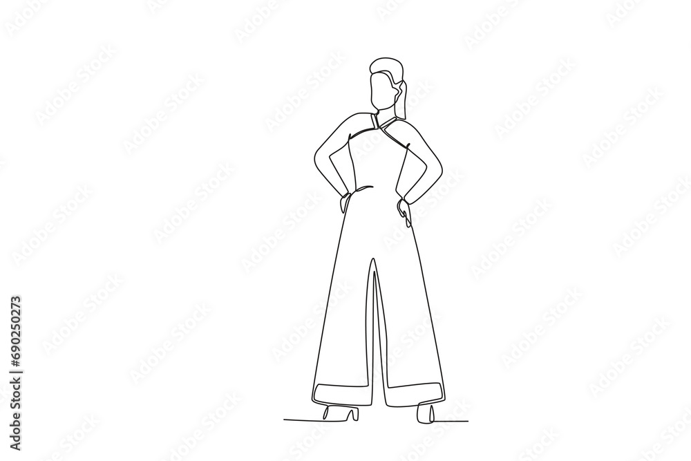 Single continuous line drawing of A woman wearing retro clothes from the 70_s. that 70 year style. Minimalism concept one line draw graphic design vector illustration.
Single continuous line drawing of A woman wearing retro clothes from the 70_s. that 70 year style. Minimalism concept one line draw graphic design vector illustration.