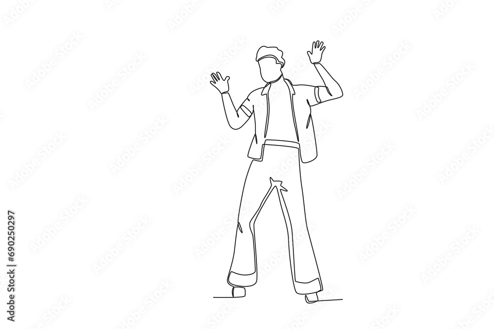 Obraz premium Single continuous line drawing of A man wearing retro clothes from the 70_s. that 70 year style. Minimalism concept one line draw graphic design vector illustration.