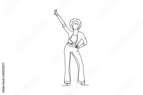 Single continuous line drawing of A woman wearing retro clothes from the 70_s. that 70 year style. Minimalism concept one line draw graphic design vector illustration.
