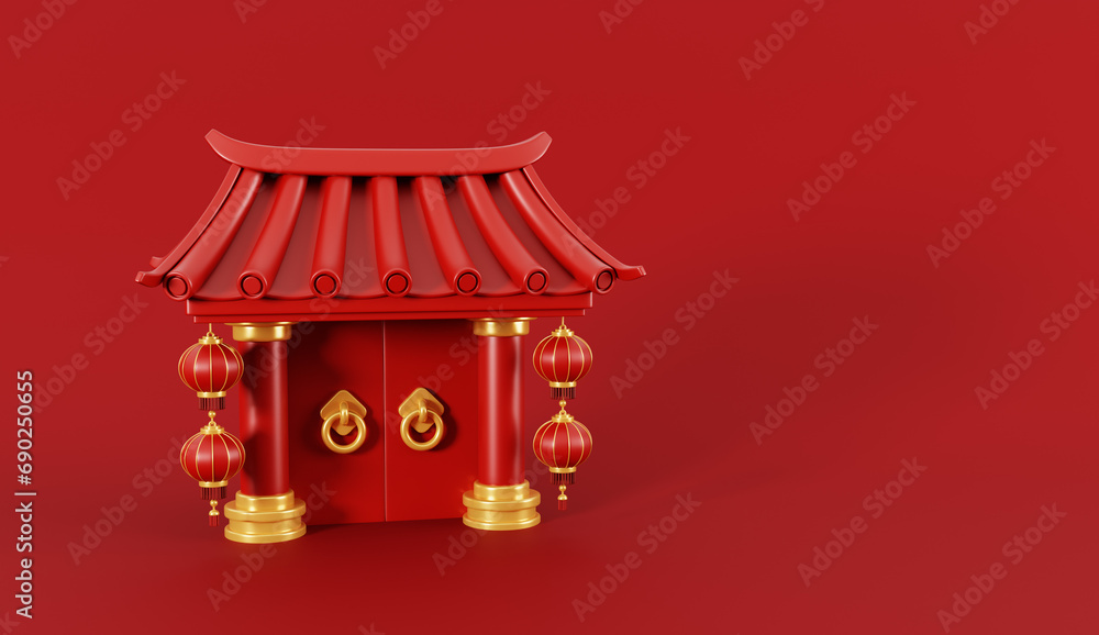 3d render of Chinese gate with lanterns for Happy Chinese new year 2024 on red background. 3d render of Chinese gate with lanterns for Happy Chinese new year 2024 on red background.