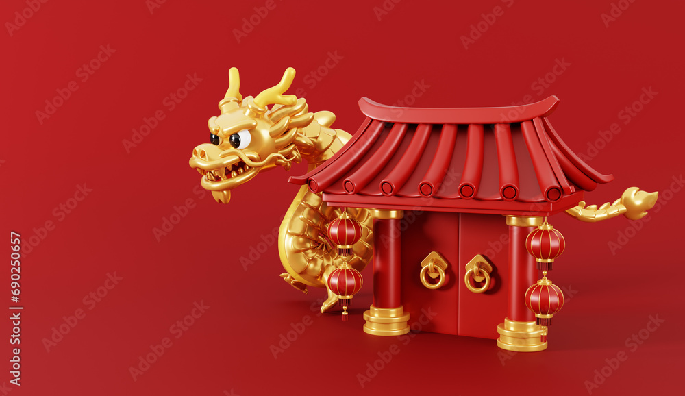 3d render of Chinese gate with lanterns and golden dragon for Happy Chinese new year 2024 on red background.