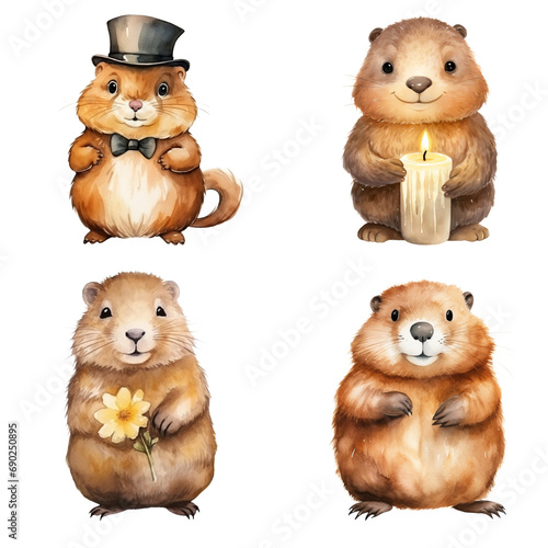 clipart collection Groundhog in a cute cartoon watercolor style © linen
