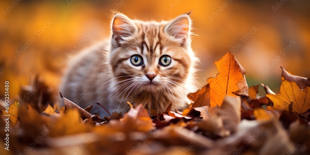 A curious kitten playing in autumn leaves.
