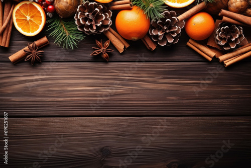 Design space with copyspace and festive decoration with pine cones, spices and tangerines on a wooden surface