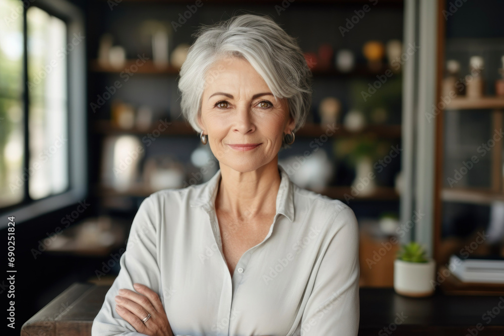 Fototapeta premium An elderly, active businesswoman smiles. Healthy active longevity concept