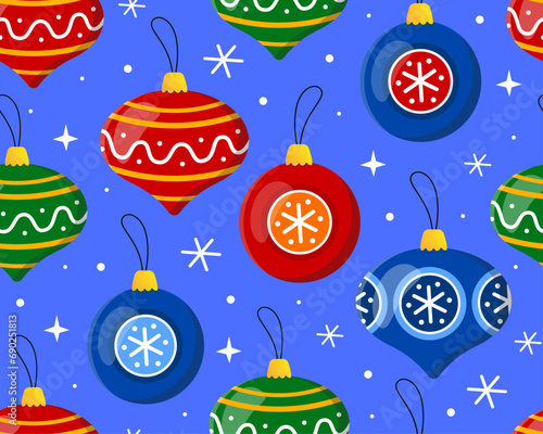 Seamless pattern with colorful Christmas balls on a light blue background. New year's toys, decor for christmas tree, snowflakes. Pattern for New Year's wrapping paper, cards, decor, fabric.