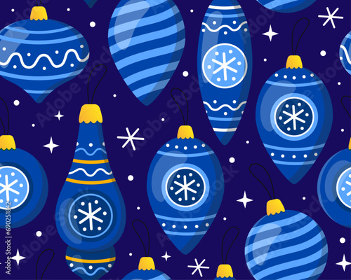 Seamless pattern with blue Christmas balls on a dark blue background. Christmas toys, decor for christmas tree, snowflakes. Pattern for New Year's wrapping paper, cards, decor, fabric.