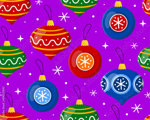 Seamless pattern with colorful Christmas balls on a purple background. New year's toys, decor for christmas tree, snowflakes. Pattern for New Year's wrapping paper, cards, decor, fabric.