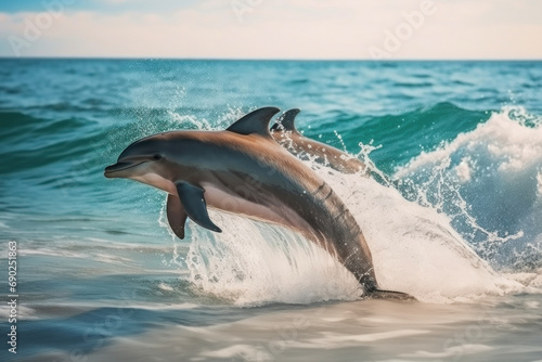 Dolphins jump out of the sea wave  