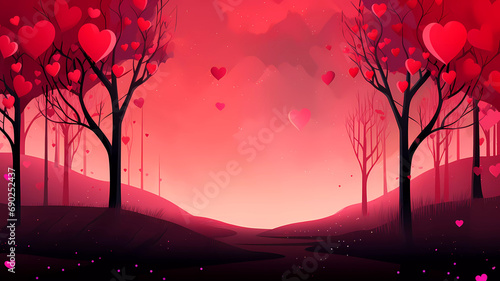 Cartoon Style Illustration of a Romantic Landscape. Landscape with hearts Valentine's Day. Usable for print, or web graphic design, card, poster. © Voysla